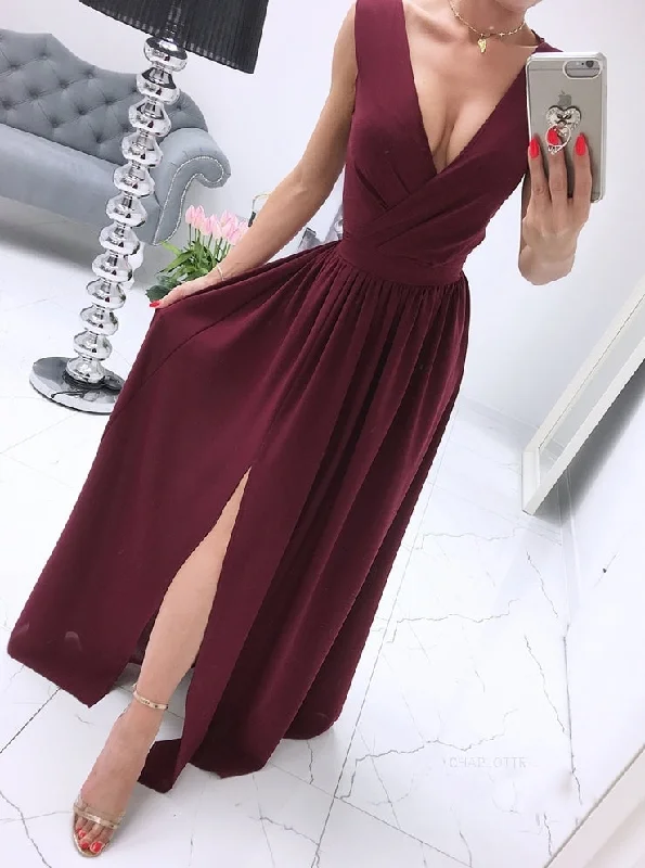 A-line V-neck Chiffon Burgundy Long Prom Dress, Evening Dress With Split OP880 A-Line Day Work