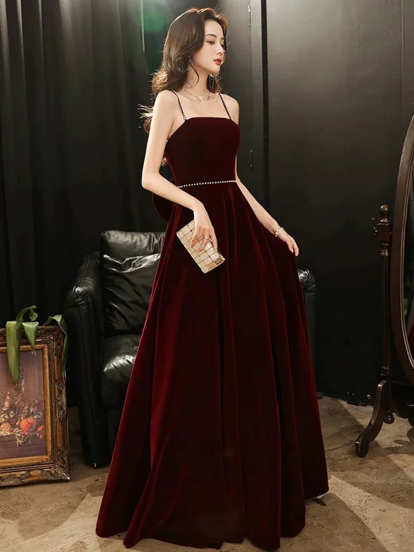 A-line Wine Red Velvet Straps Long Party Dress, Wine Red Velvet Prom Dress Tunics Yoga stretchy