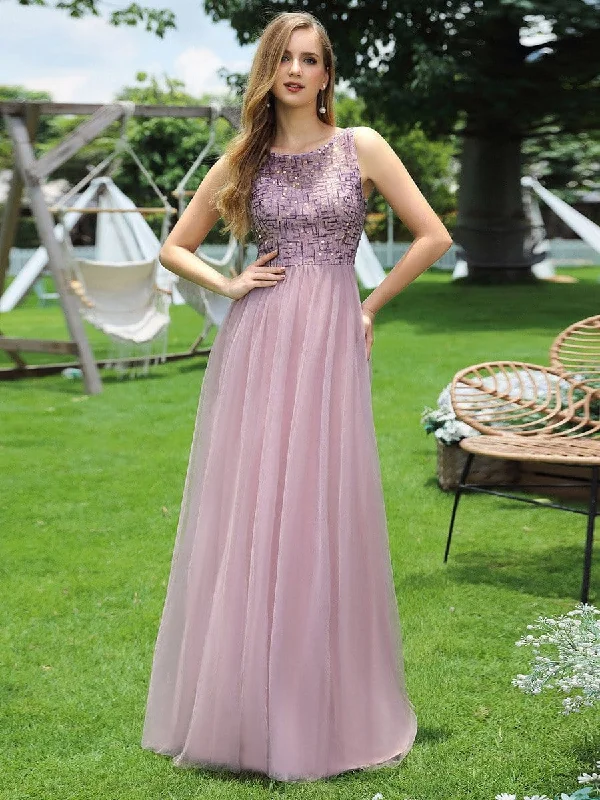 Adorable Round Neck Tulle Backless Evening Dress with Paillette Tunics Chinos classic