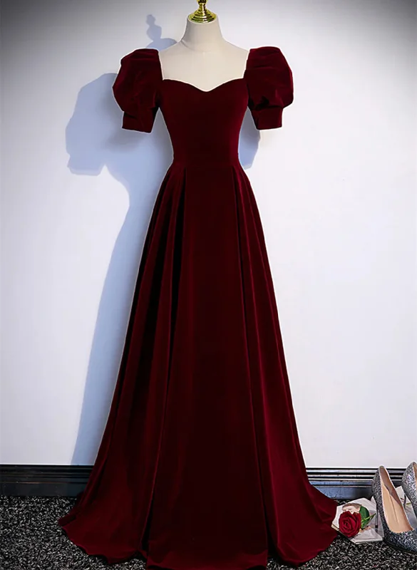 Beautiful Wine Red A-line Velvet Long Party Dress, Wine Red Prom Dress Tunics Sale discount