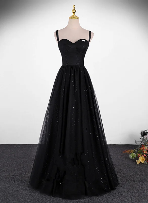 Black A-line Tulle Straps Floor Length Party Dress, Black Tulle Prom Dress Tunics Stylish modern