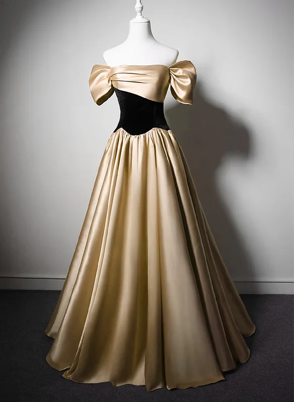 Black and Champagne Satin Long Party Dress, Off Shoulder Satin Prom Dress Tunics Essential wardrobe