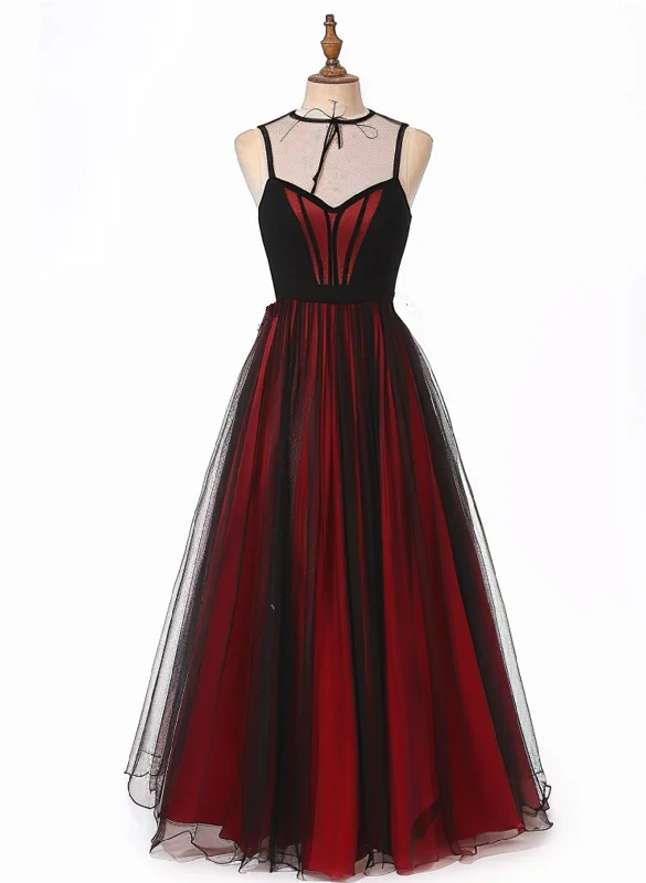 Black and Red V-neckline Tulle Long Party Dress, Black and Red Formal Dress Tunics Winter warm