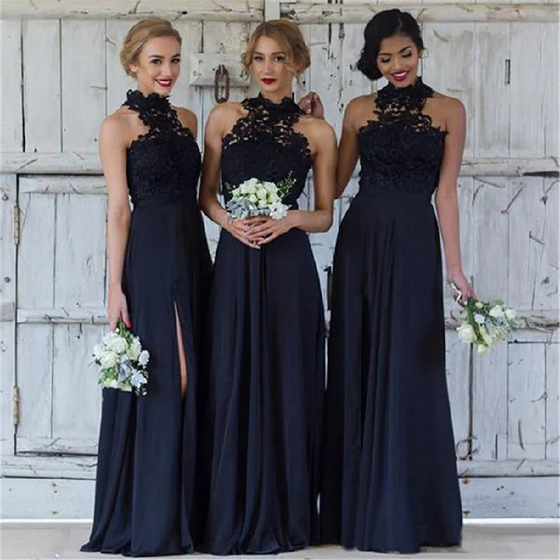 black bridesmaid dresses long lace appliqué halter chiffon vintage wedding party dresses 2020 Pencil Length Work