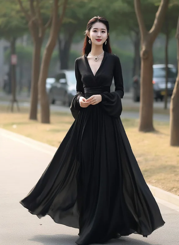 Black Chiffon Long Sleeves V-neckline Party Dress, Black Formal Dress Evening Dress Tunics Summer linen