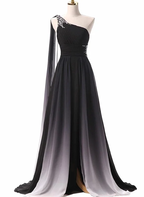 Black Chiffon One Shoulder Long Prom Dress, Formal Fancy Evening Party Dress Boatneck Modish Everyday