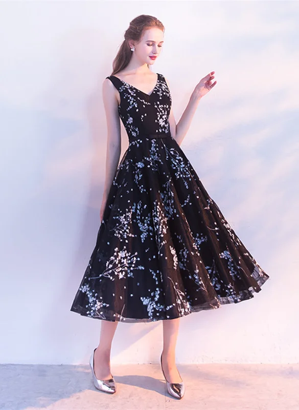 Black Floral Tulle V-neckline Tea Length Party Dress, Black Tulle Homecoming Dress Crew Neckline Sporty