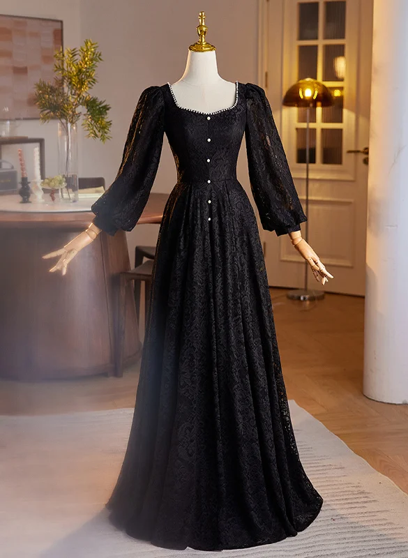 Black Long Sleeves Lace A-line Party Dress, Black Lace Wedding Party Dress Cowl Neckline Elegant