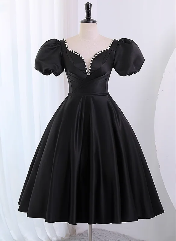 Black Satin Short Sleeves Prom Dress Party Dress, Black Homecoming Dress Tunics Travel practical