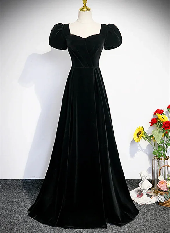 Black Short Sleeves A-line Velvet Prom Dress, Black Evening Dress Formal Dresses Tunics Running lightweight