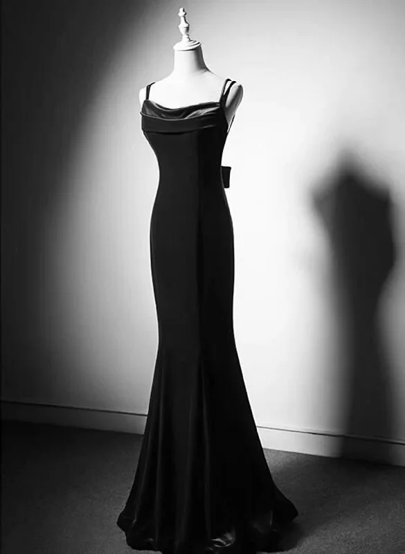 Black Straps Velvet Low Back Long Formal Dress, Black Velvet Evening Dress Prom Dress Tunics Chinos classic