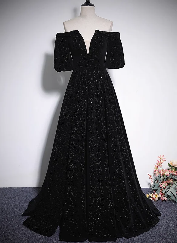 Black V-neckline Velvet Off Shoulder Party Dress, A-line Black Prom Dress Evening Dress Tunics Fleece cozy