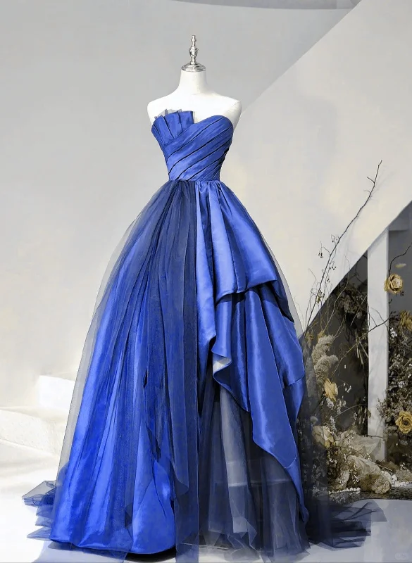 Blue Satin and Tulle Long Party Dress Prom Dress, Blue Evening Dress Tunics Spring floral