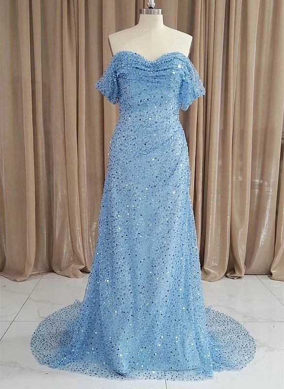 Blue Sequins Off Shoulder Sweep Train Party Dress, Blue Sweetheart Long Formal Dress Tunics Vintage classic