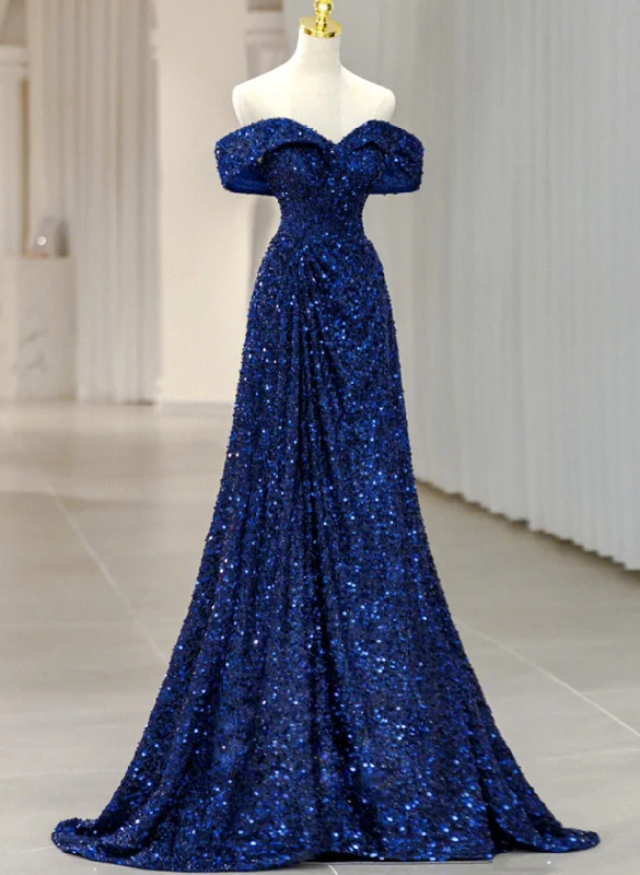 Blue Sequins Sweetheart Off Shoulder Party Dress, A-line Blue Long Evening Dress Prom Dress Tunics Versatile stylish