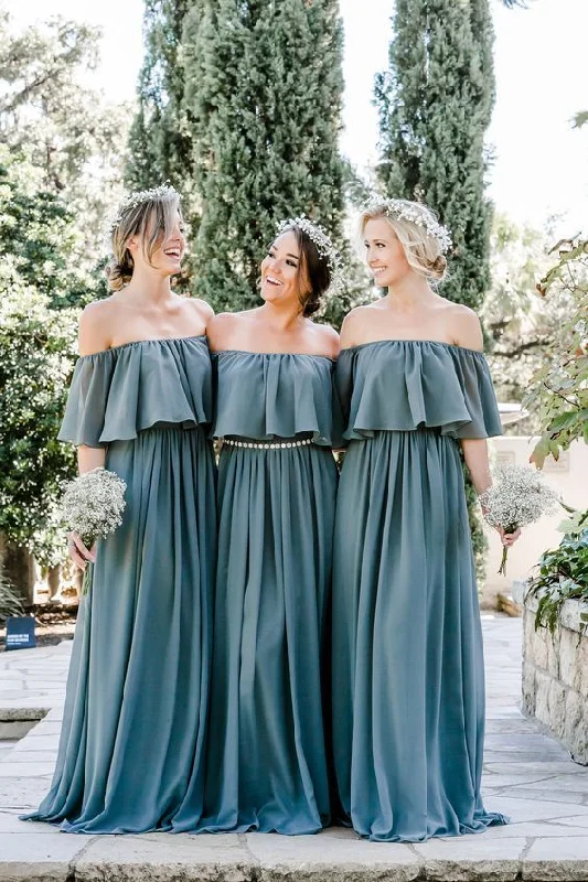 boat neck long bridesmaid dresses 2020 chiffon cheap gray elegant a line wedding party dresses Tunics Travel practical