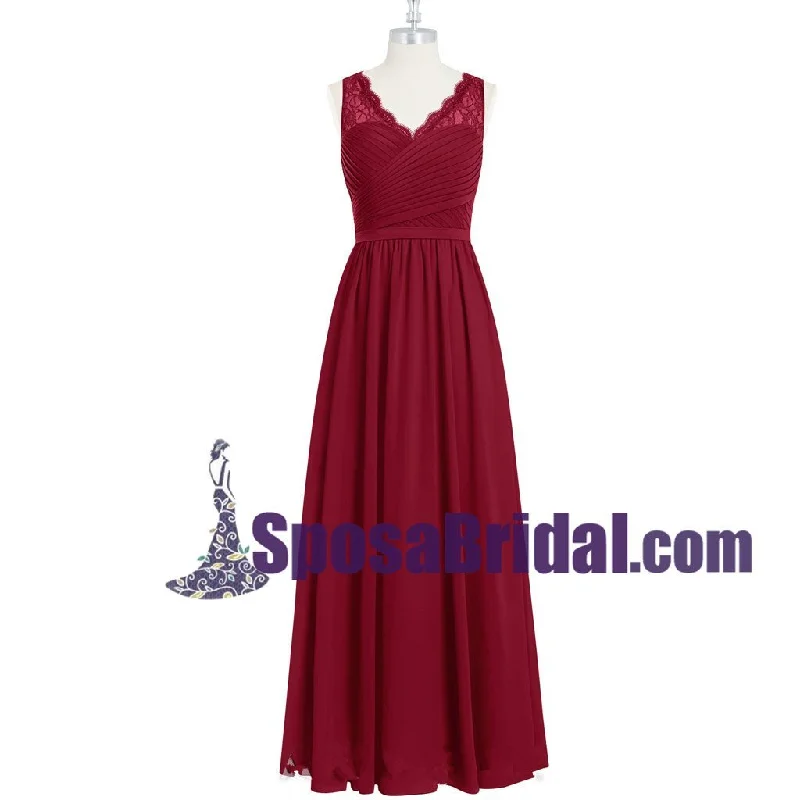 Burgundy Long Chiffon Floor-length Cheap Popular V Neck Bridesmaid Dresses, Wedding Party Dresses , WG236 Square Neckline Feminine