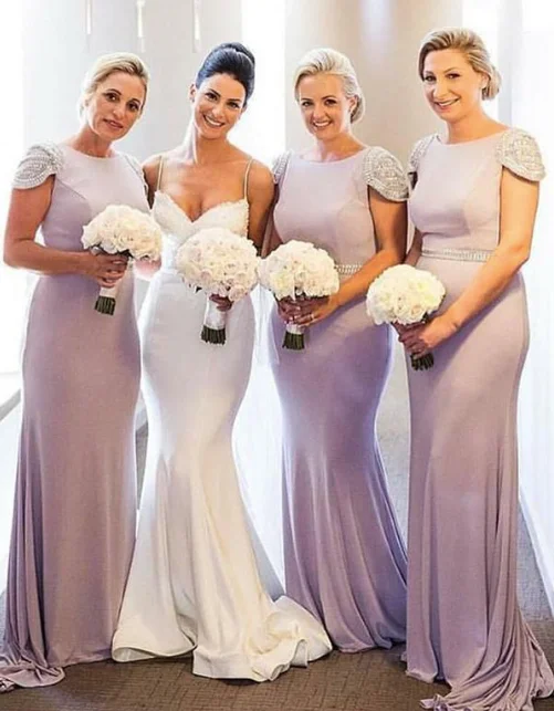 cap sleeve dusty purple bridesmaid dresses long elegant beaded mermaid satin wedding party dress 2020 Tunics Distressed trendy