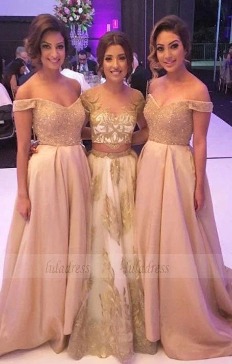 off the shoulder bridesmaid dresses, elegant beading bodice evening party dresses, a line satin prom dresses Tunics Review highly