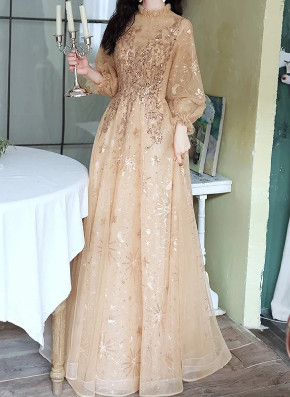 Champagne Puffy Sleeves Long Beaded Party Dress, Champagne Tulle Prom Dress Tunics Sale discount