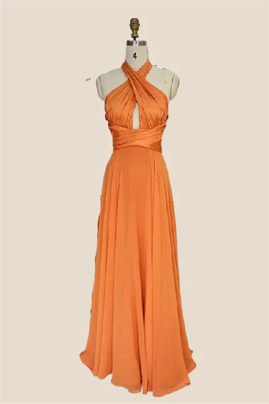 Cross Halter Orange Satin Long Party Dress Tunics Print Colorful