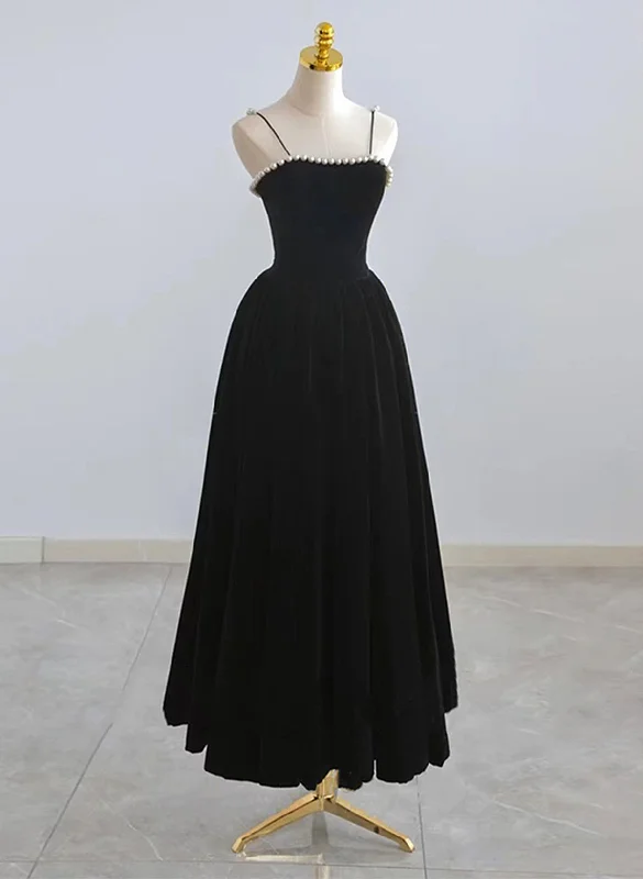 Cute Black Velvet Straps Tea Length Party Dress, Black Velvet Homecoming Dress Tunics Occasion special