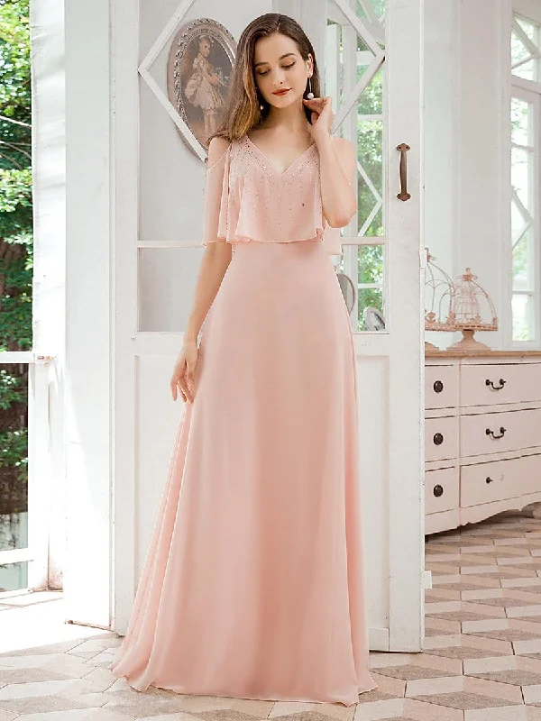 Dainty Short Ruffles Sleeves V-neck Chiffon Evening Dresses Tunics Party sparkling