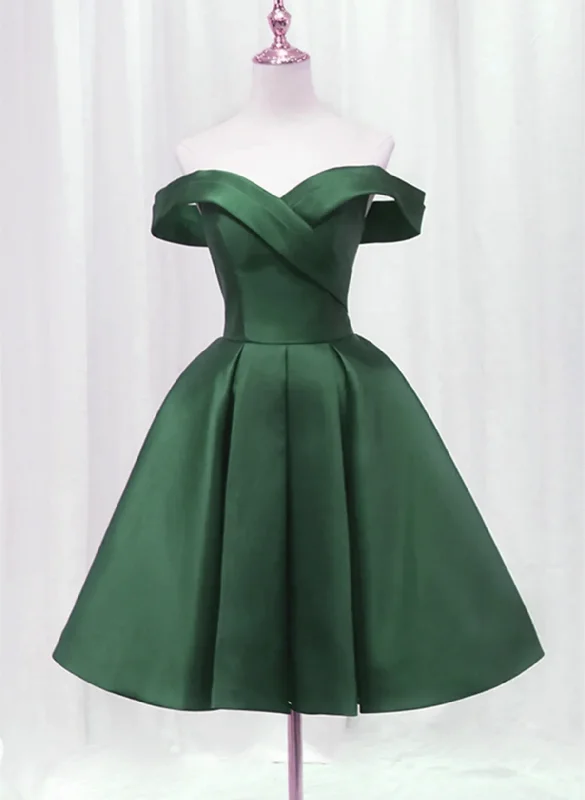 Dark Green Satin Off Shoulder Knee Length Party Dress, Green Homecoming Dress Prom Dress Tunics stripes playful