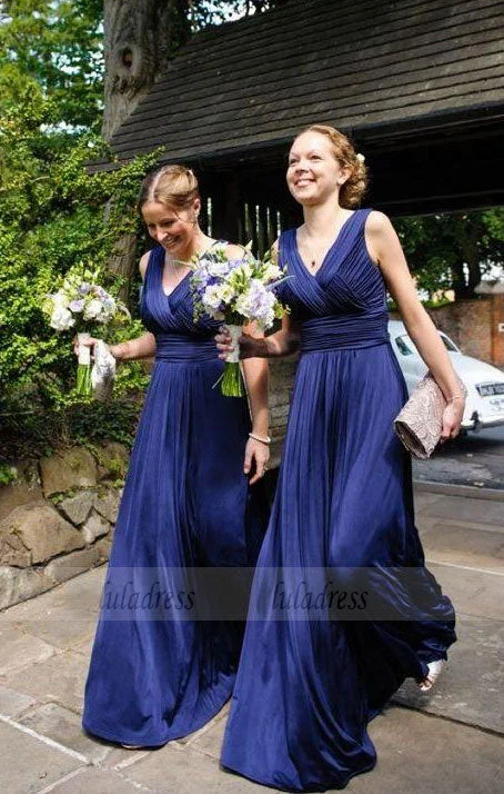 elegant dark blue bridesmaid dress with pleats, fashion v-neck wedding party dress with ruched Tunics Handmade artisanal