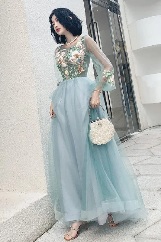 Elegant Long Sleeves Appliqued Tulle Prom Dress, Floor Length Appliques Evening Dress Tunics Trousers formal