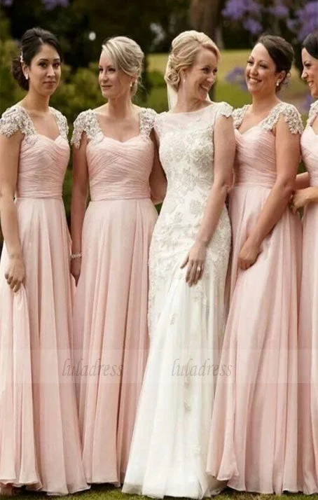 elegant Scoop Cap Sleeves wedding party dresses, Floor-Length Pink classic Bridesmaid Dress Tunics Hiking breathable