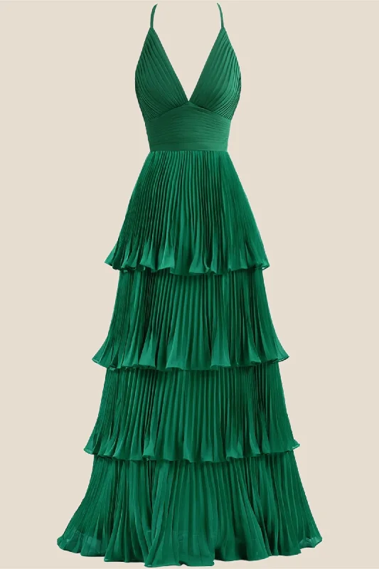 Emerald Green Pleated Empire Tiered A-line Party Dress Tunics Lace romantic