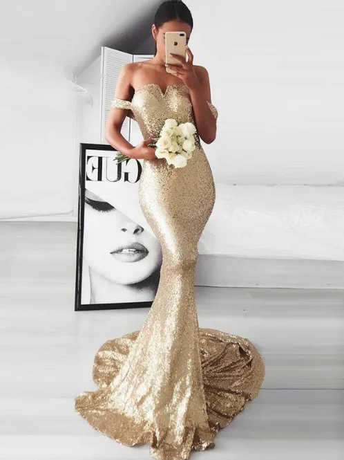 gold sequin bridesmaid dresses long mermaid off the shoulder elegant sexy wedding party dress 2020 Tunics Gym athletic