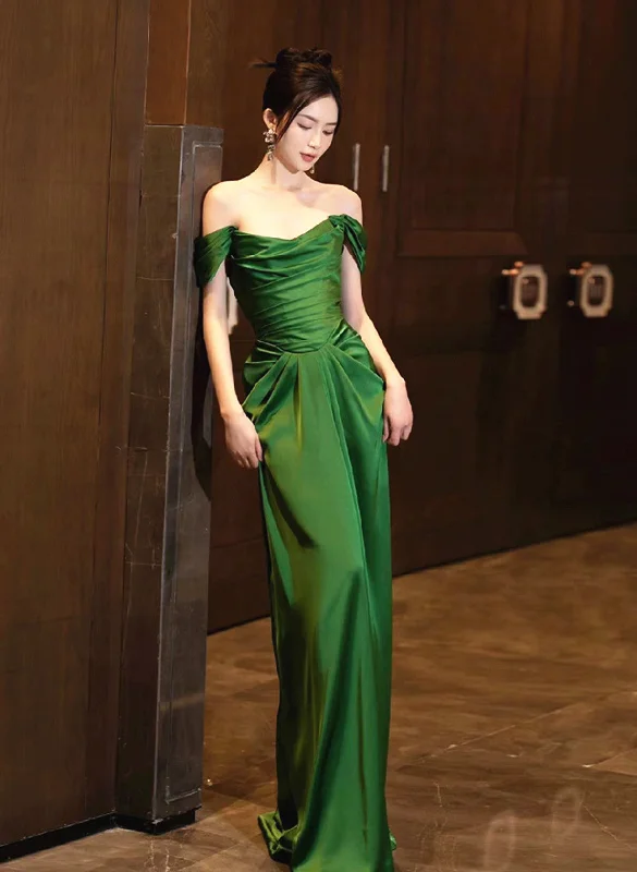 Green Off Shoulder Beautiful Soft Satin Evening Dress, Green Long Prom Dress Tunics Vintage classic