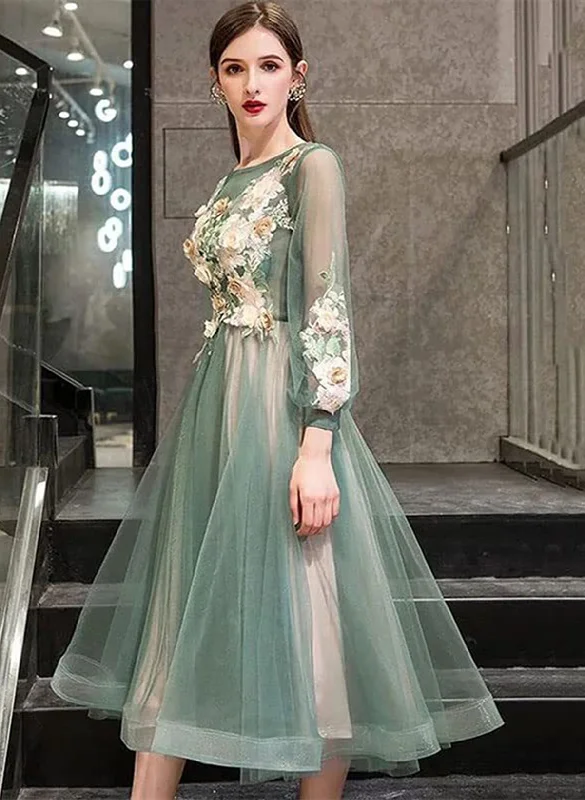 Green Round Neckline Tea Length Floral Wedding Party Dress, Green Prom Dress Crew Neckline Casual