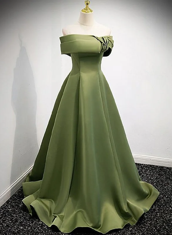 Green Scoop Off Shoulder Satin Lace-up Prom Dress, A-line Green Evening Dress Tunics Plaid country