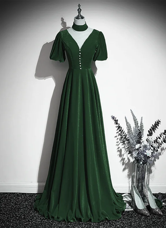 Green Velvet A-line Short Sleeves Long Party Dress, Green Long Prom Dress empire Waist empire