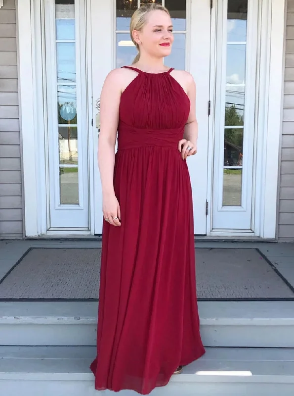 High Neck Chiffon Burgundy Bridesmaid Dress, Long Prom Party Dress OB277 Pencil Length Work