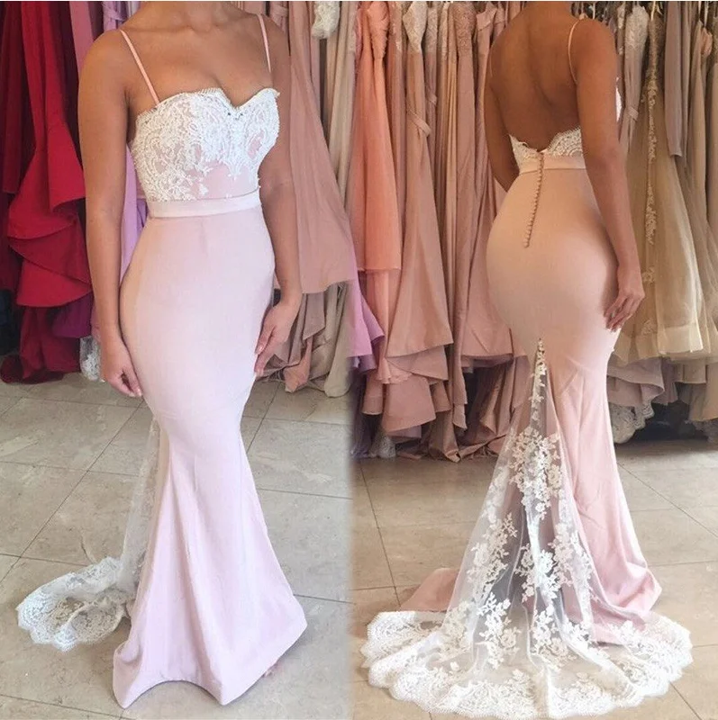 lace applique bridesmaid dresses long mermaid pink spaghetti straps cheap wedding party dress Tunics Custom made