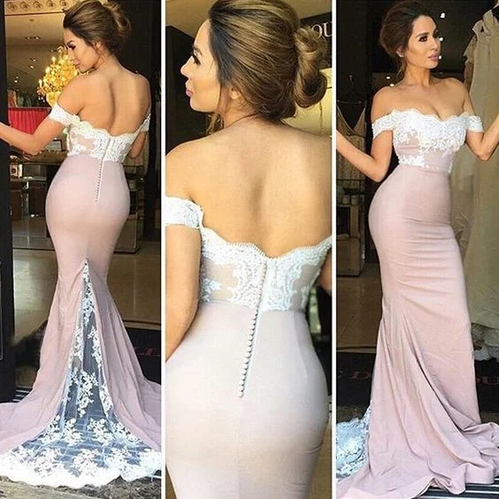 lace applique mermaid bridesmaid dresses long pink beaded elegant off the shoulder cheap wedding party dress Tunics Modern contemporary