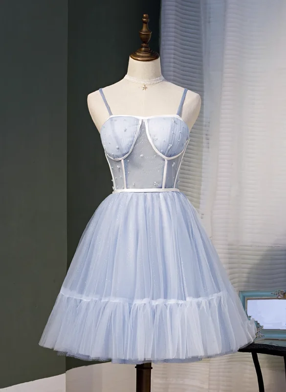 Light Blue Tulle Sweetheart Straps Party Dress, Light Blue Homecoming Dress Tunics Running lightweight