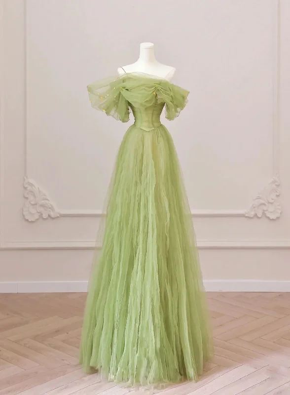 Light Green Off Shoulder Tulle Long Party Dress, A-line Green Prom Dress Formal Dress A-Line Day Work