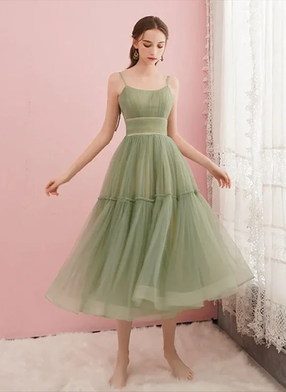 Light Green Tulle Straps Tea Length Party Dress, Light Green Tulle Homecoming Dress Tunics Trousers formal