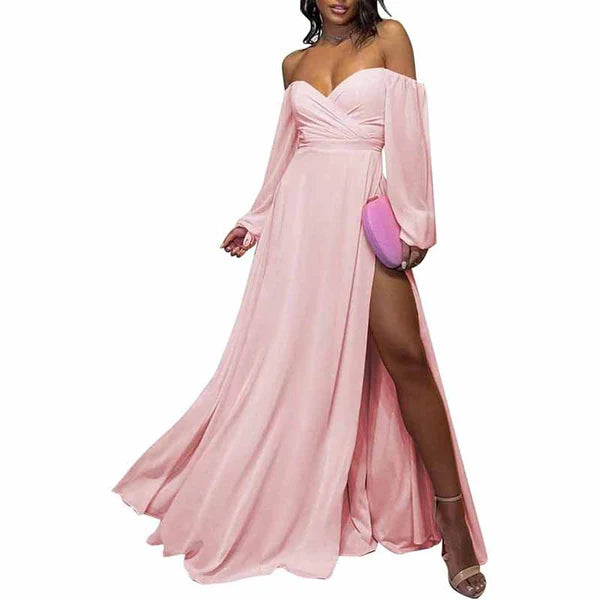 Long Sleeve Bridesmaid Dresses Chiffon Sweetheart Off Shoulder Formal Evening Dresses with Slit Tunics Yoga stretchy