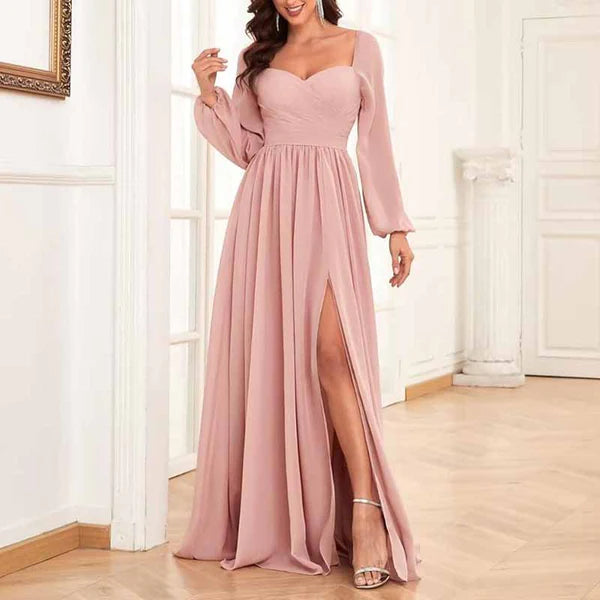 Long Sleeve Bridesmaid Dresses Pleated Chiffon Evening Dresses with Slit Tunics stripes playful