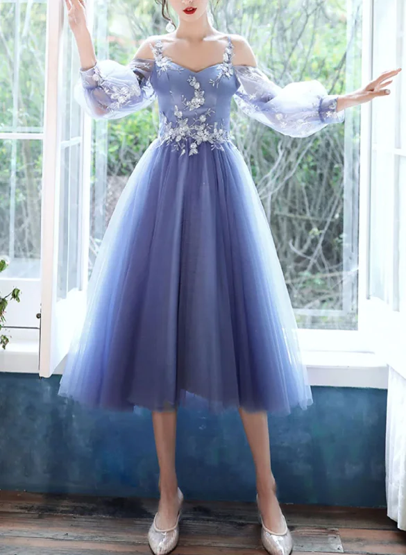 Lovely Blue Short Tea Length Party Dress, Puffy Sleeves Tulle Formal Dress Tunics Bridal satin