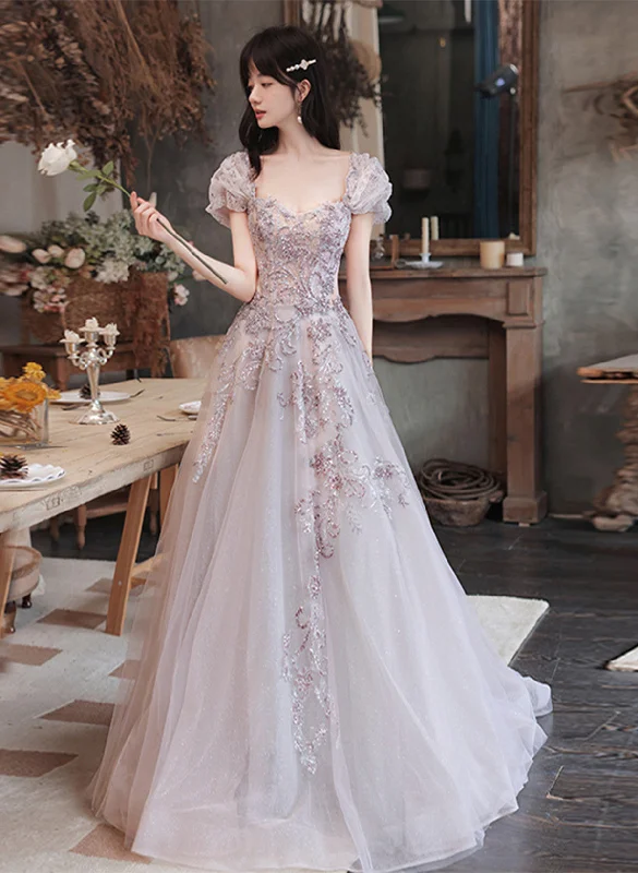 Lovely Tulle Short Sleeves Long A-line Party Dress, Tulle Evening Dress Prom Dress Off-the-shoulder Chic Trendy