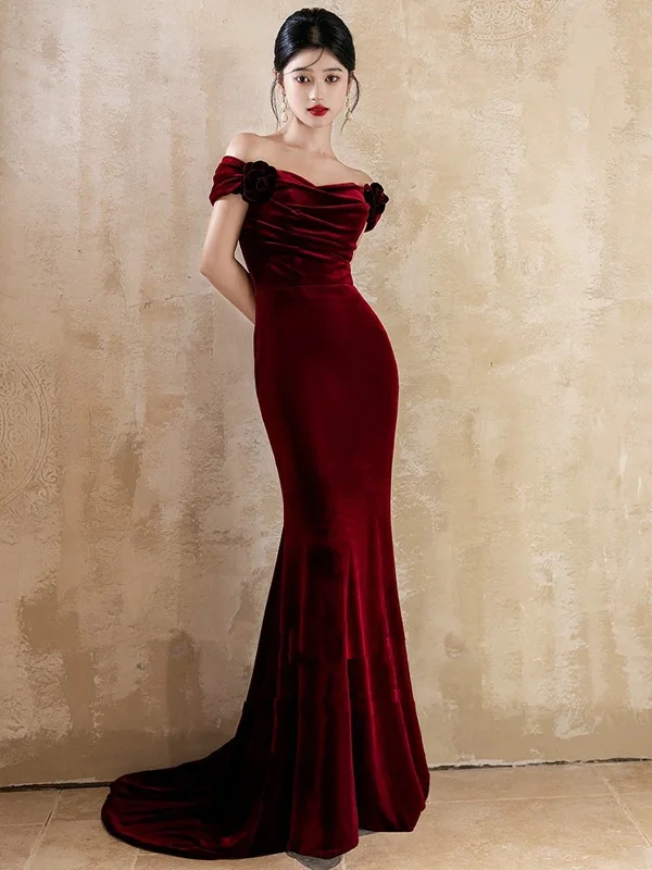 Lovely Velvet Mermaid Off Shoulder Long Prom Dress, Wine Red Wedding Party Dress Tunics Trousers formal