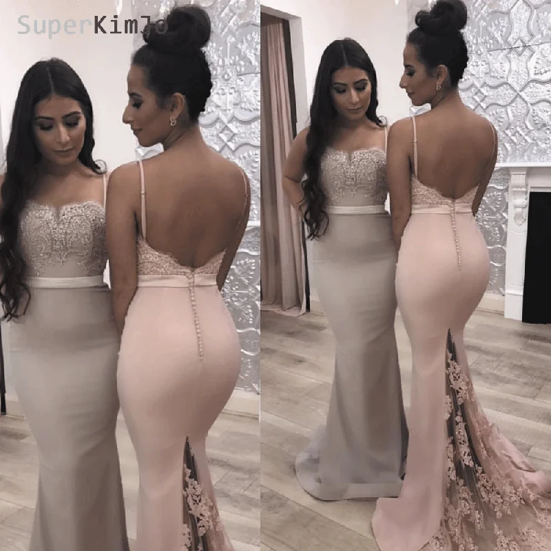 mermaid bridesmaid dresses long 2020 lace appliqué beaded elegant cheap wedding party dress Crew Neckline Casual