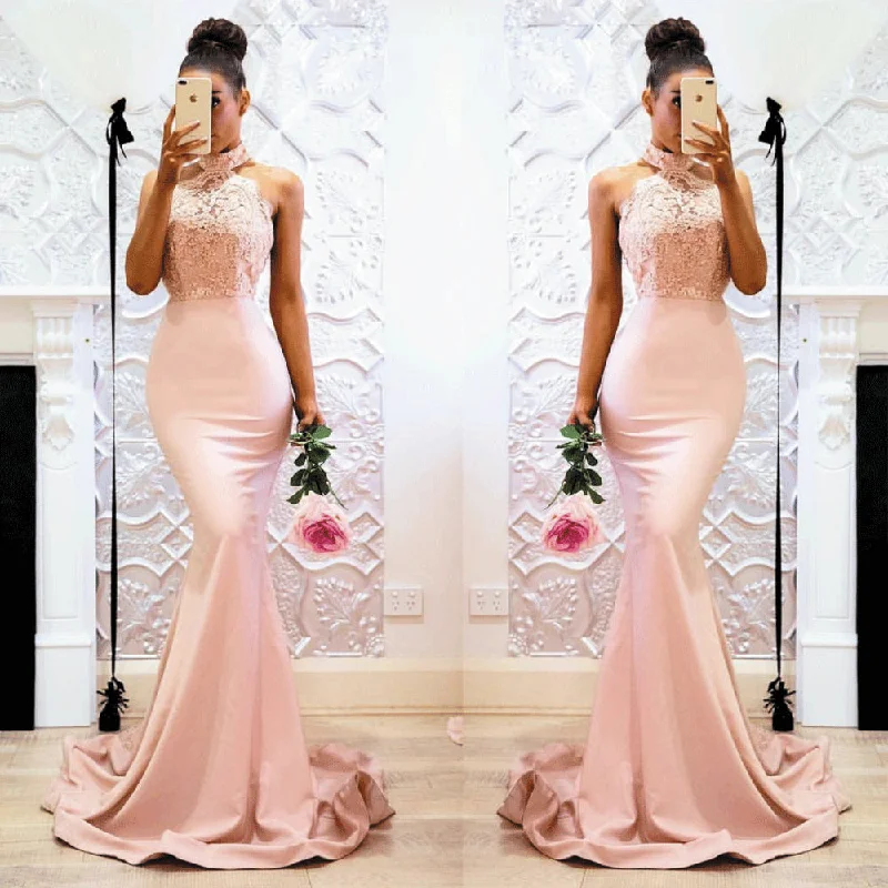 mermaid bridesmaid dresses long pink lace appliqué beaded halter cheap wedding party dresses vestido de festa Tunics Trendy modern